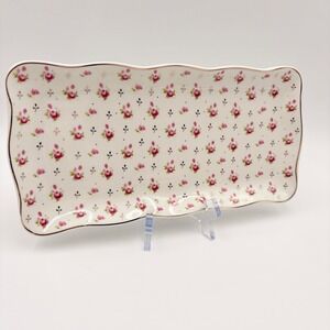 Park Chateau Floral Rosebud Scalloped Rectangular Serving Tray Gold Rim